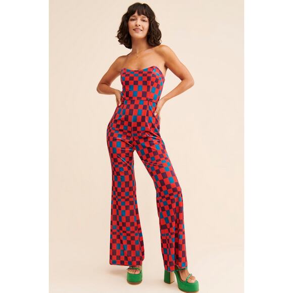 Hutch Velvet Check Bright Colored Wide Leg Strapless Jumpsuit Size 16W - Picture 16 of 16
